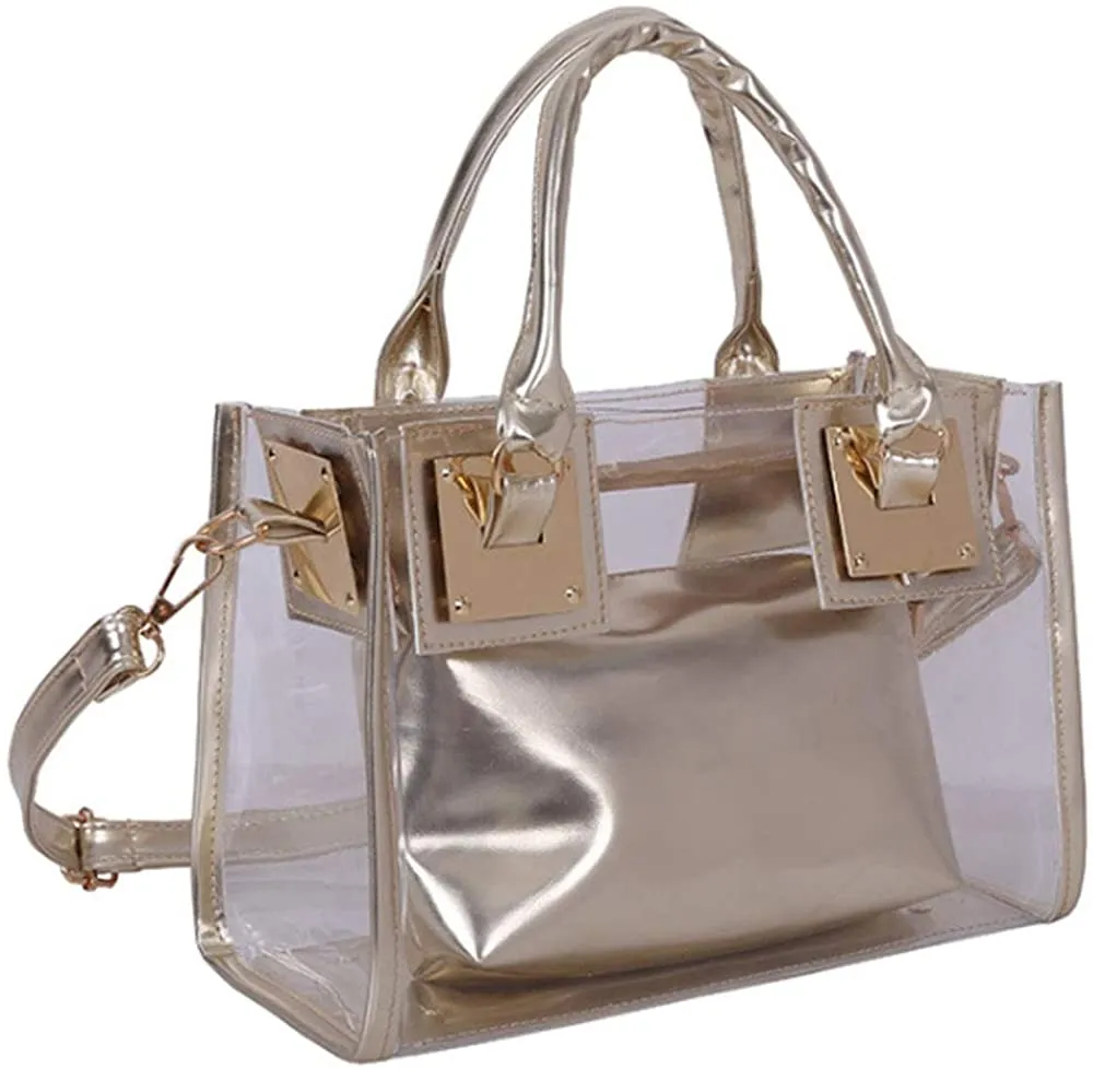Black 2pc Clear PVC Transparent Satchel Handbag Purse