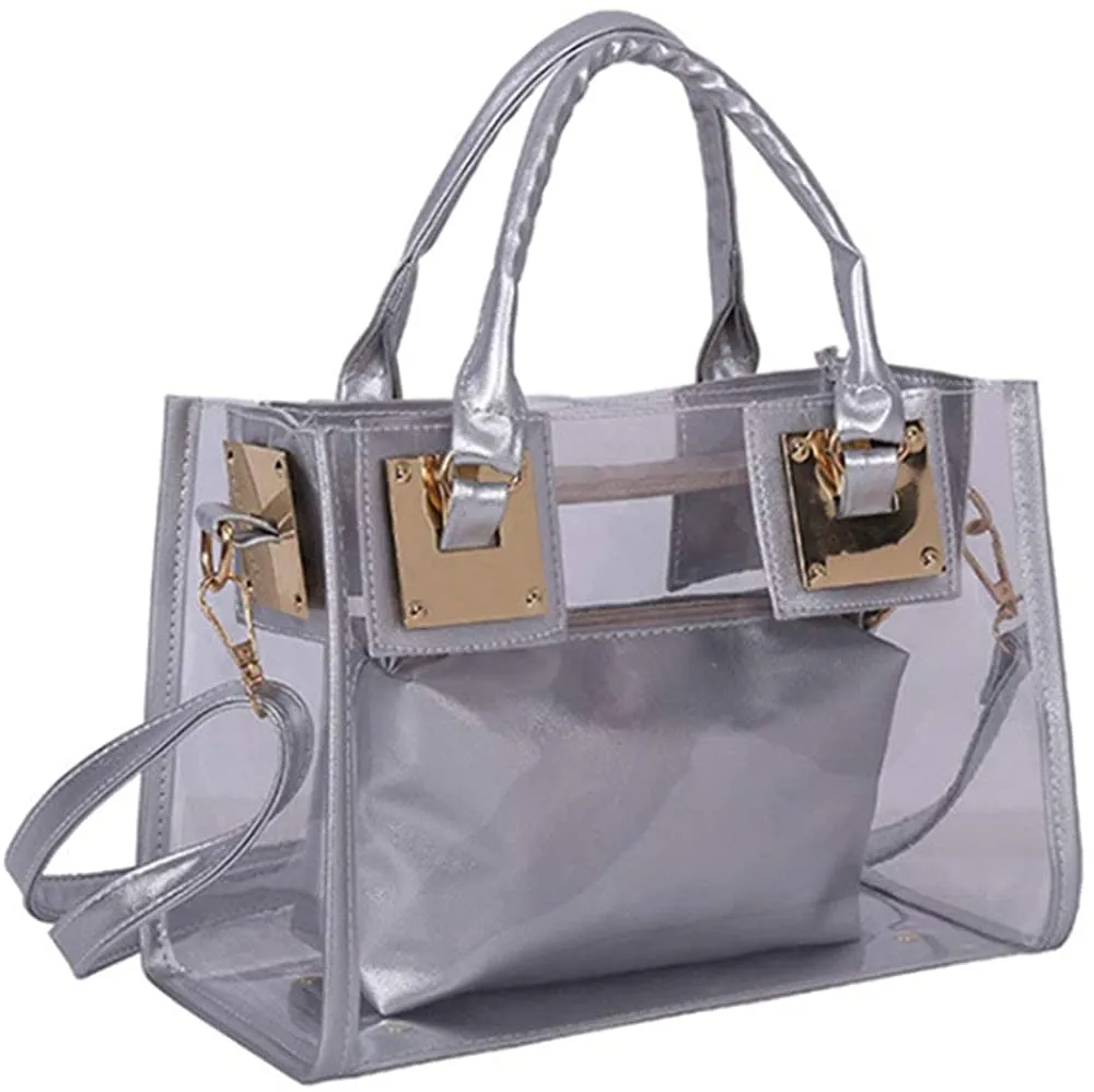 Black 2pc Clear PVC Transparent Satchel Handbag Purse