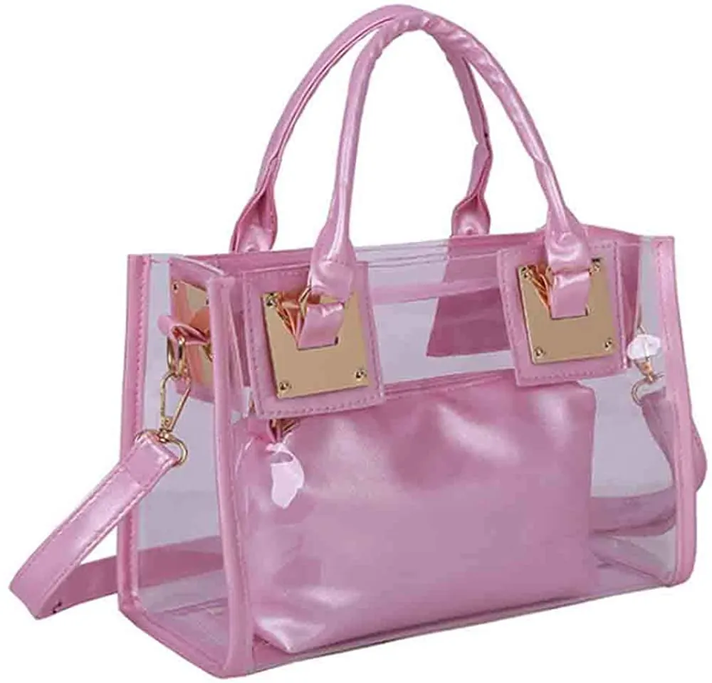 Black 2pc Clear PVC Transparent Satchel Handbag Purse
