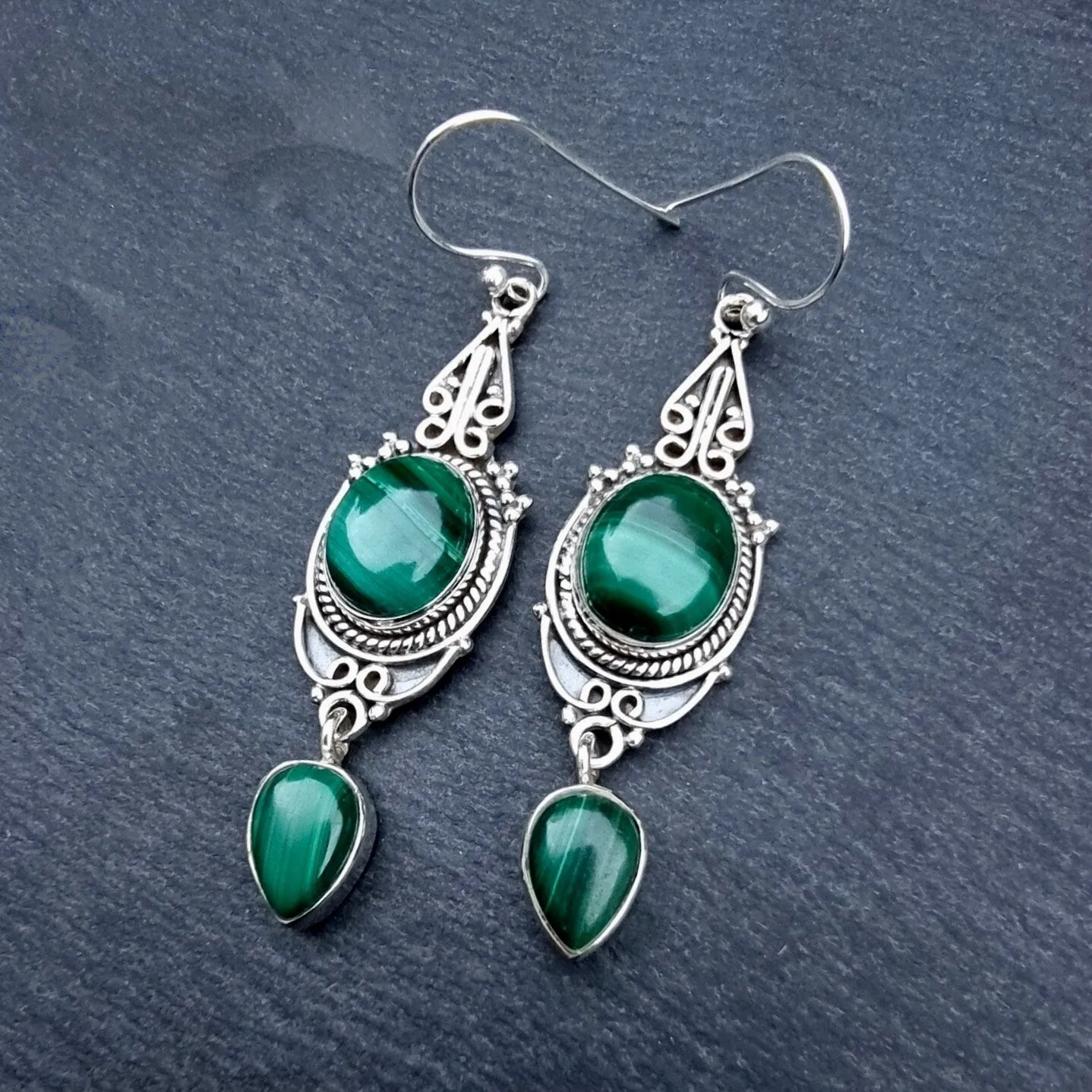 Boho Long Malachite Sterling Silver Earrings, E38MAL
