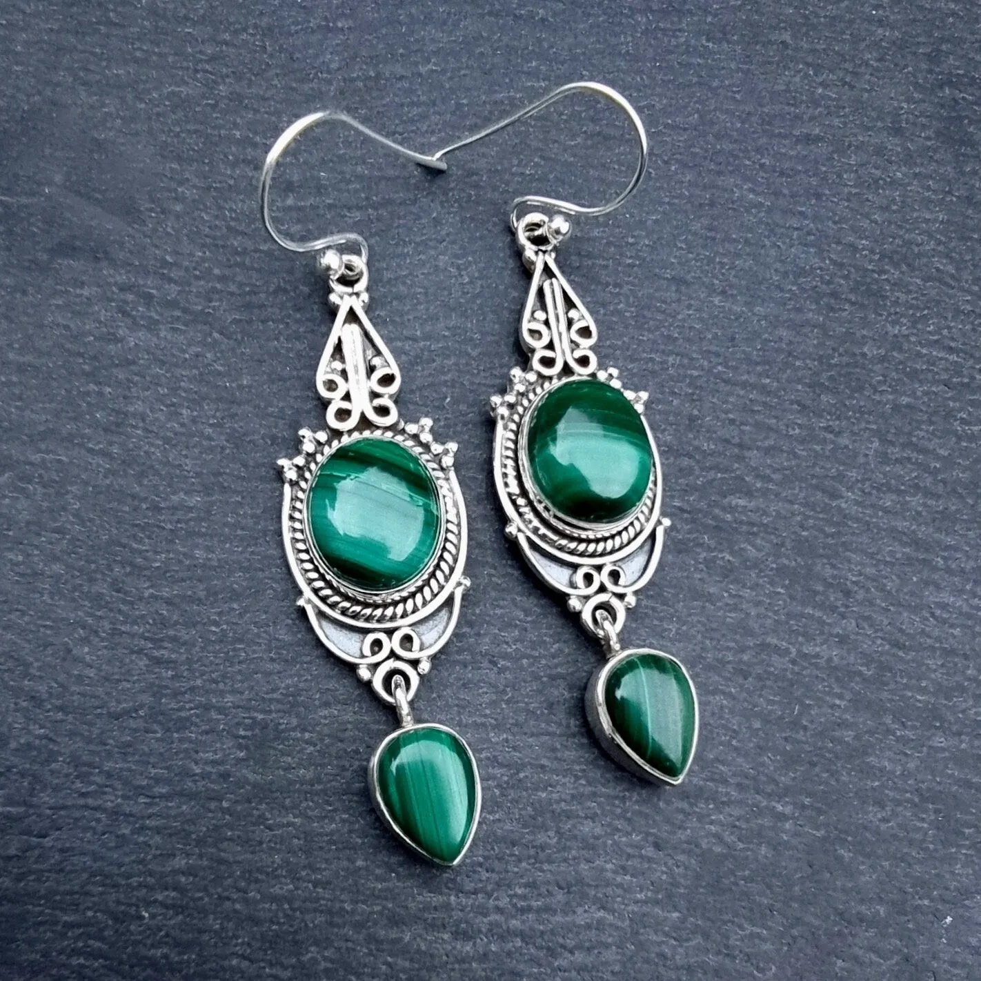 Boho Long Malachite Sterling Silver Earrings, E38MAL