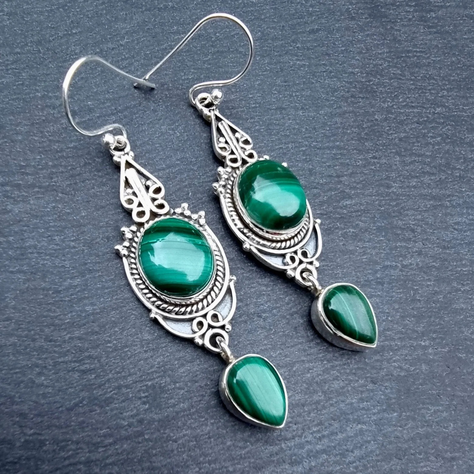 Boho Long Malachite Sterling Silver Earrings, E38MAL