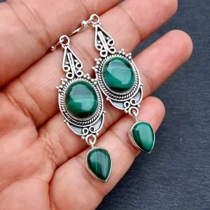 Boho Long Malachite Sterling Silver Earrings, E38MAL