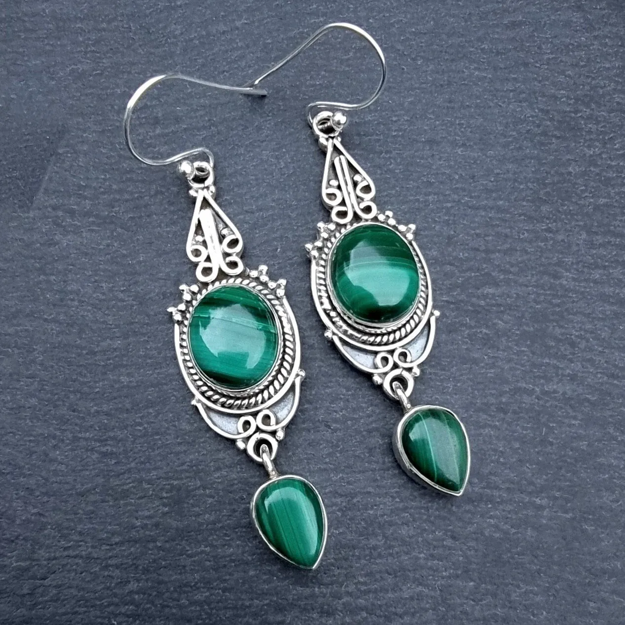 Boho Long Malachite Sterling Silver Earrings, E38MAL