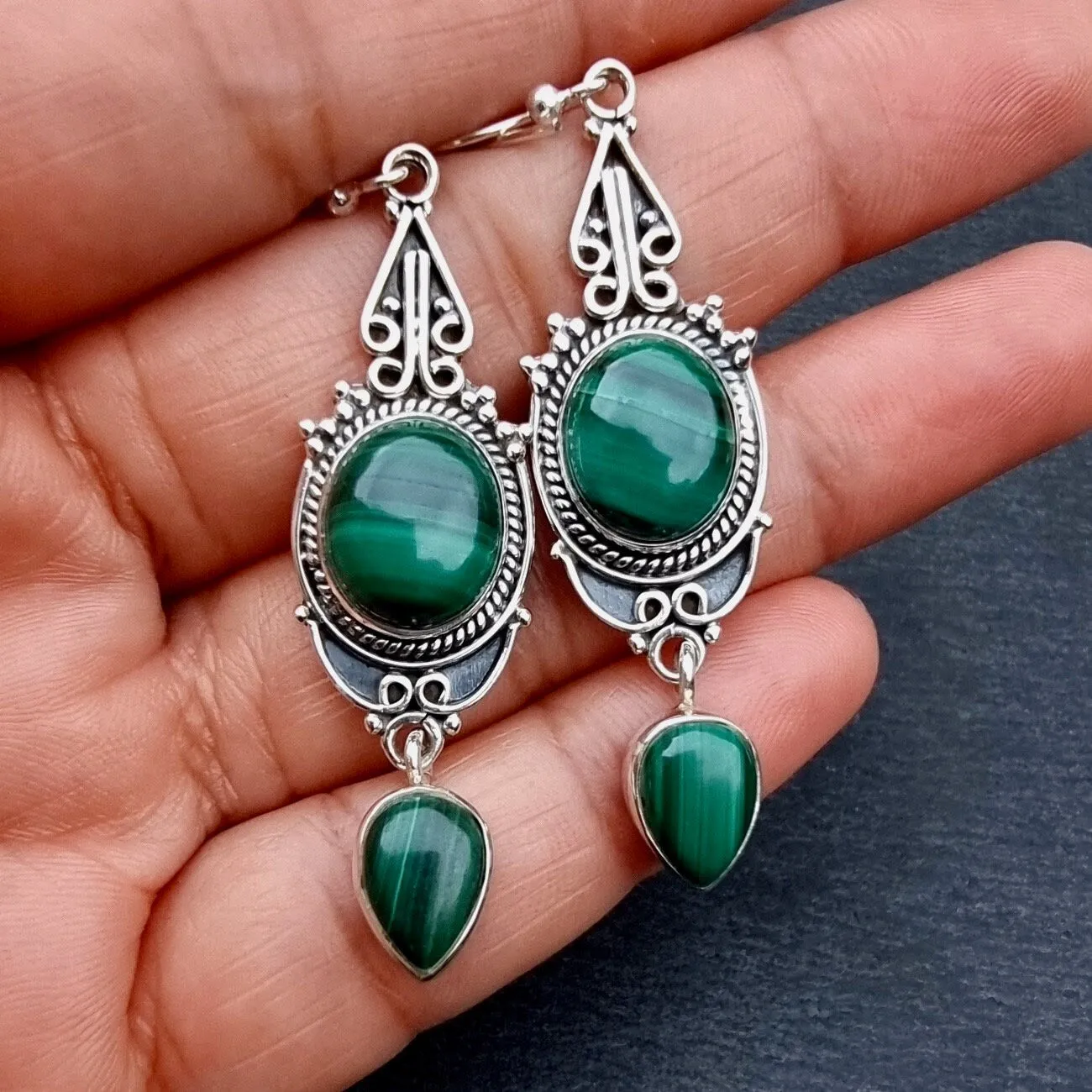 Boho Long Malachite Sterling Silver Earrings, E38MAL