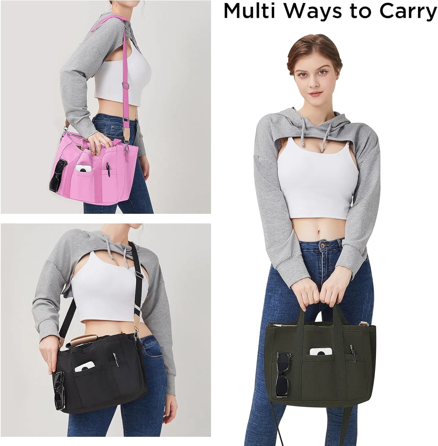 Canvas Tote Bag with Multi Pockets Crossbody Tote Bag for Women Shoulder Handbag Everything Tote Bag with Compartments