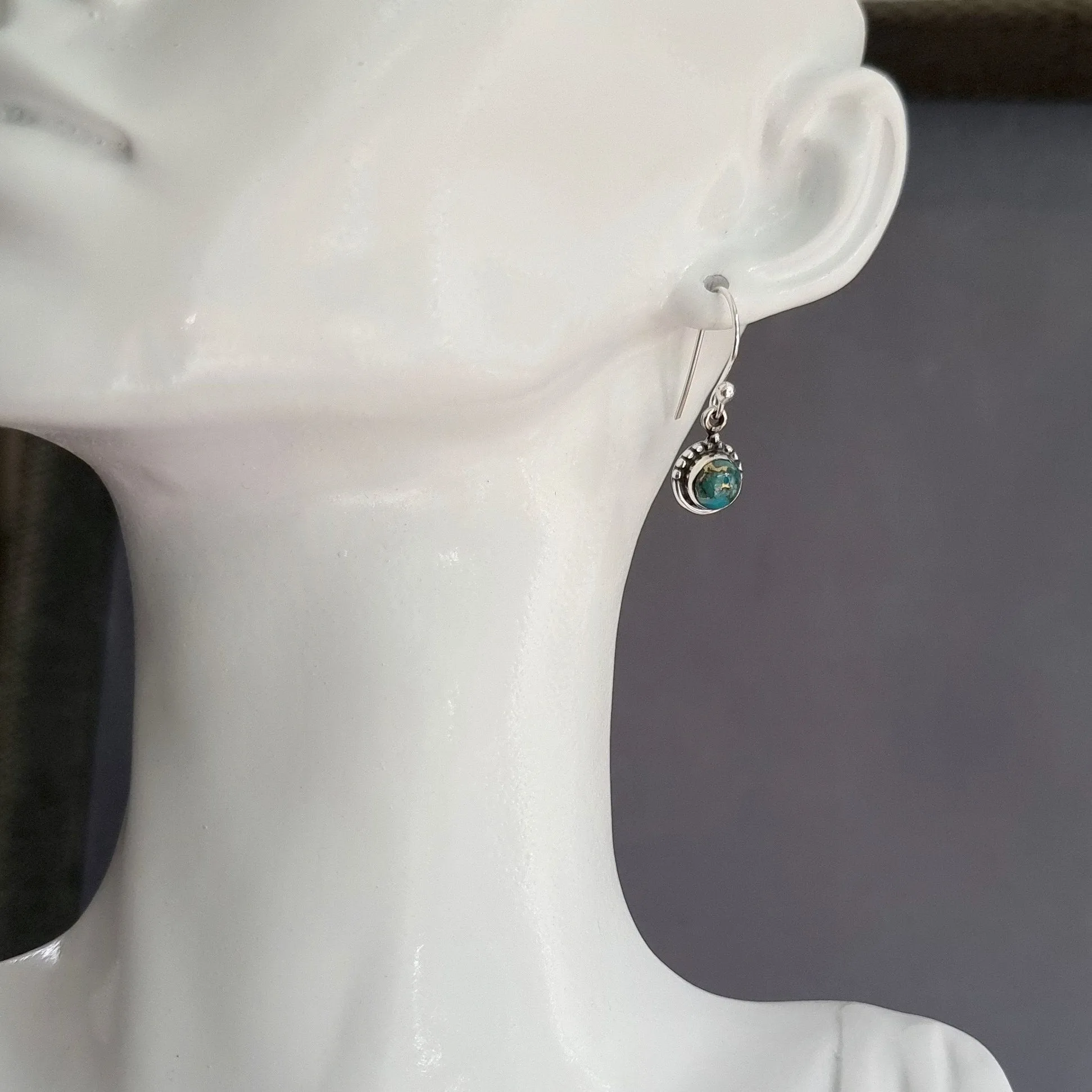 Dainty Boho Round 6mm Blue Copper Turquoise 925 Silver Earrings, E91BCT