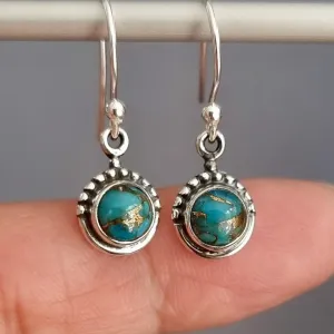 Dainty Boho Round 6mm Blue Copper Turquoise 925 Silver Earrings, E91BCT