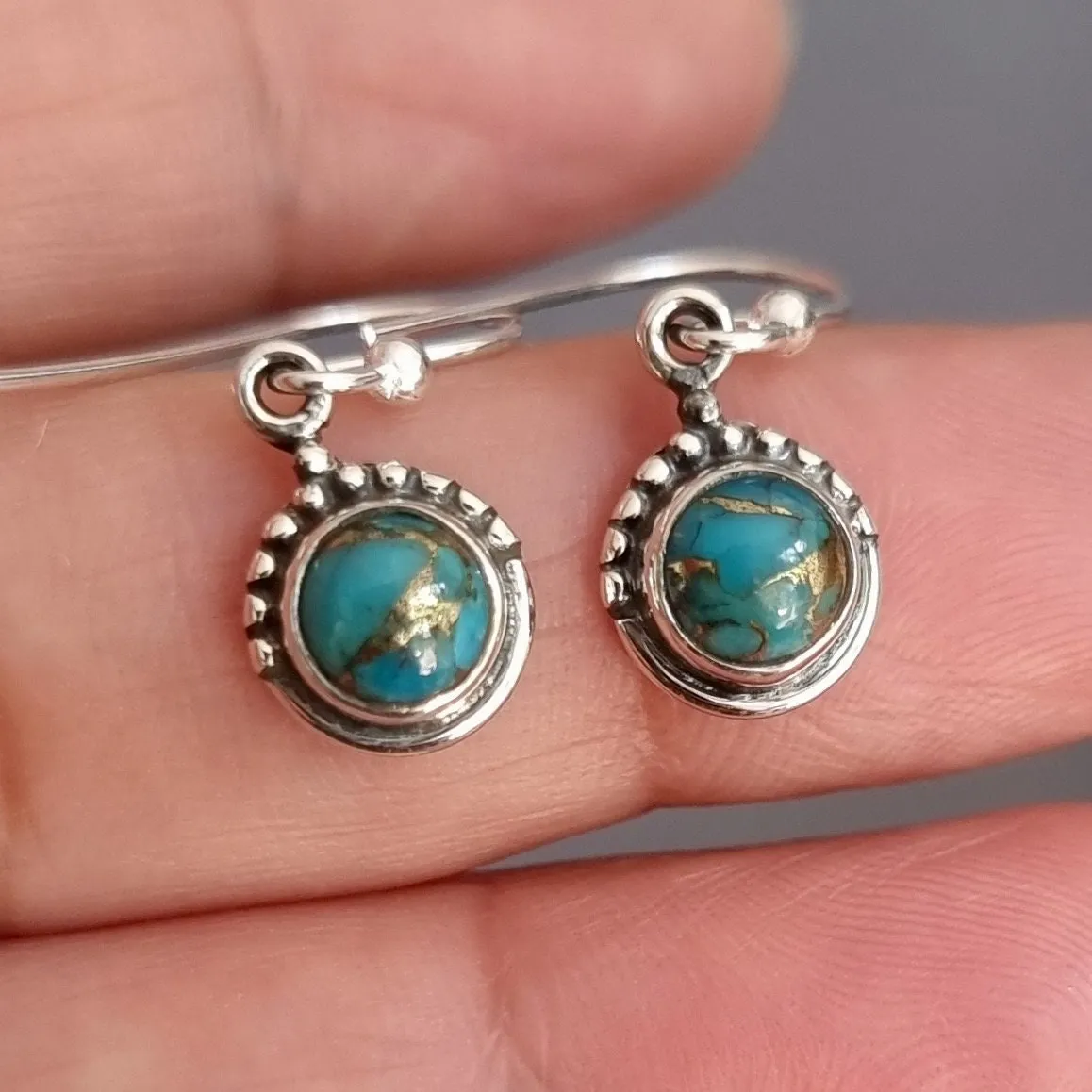 Dainty Boho Round 6mm Blue Copper Turquoise 925 Silver Earrings, E91BCT