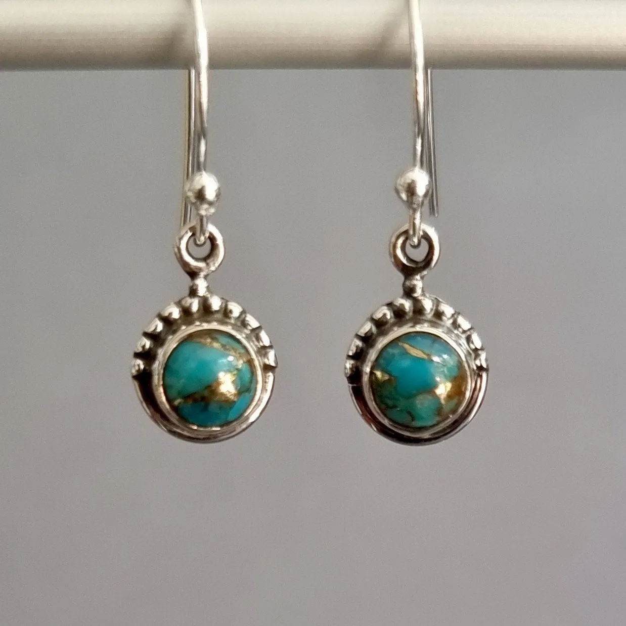 Dainty Boho Round 6mm Blue Copper Turquoise 925 Silver Earrings, E91BCT