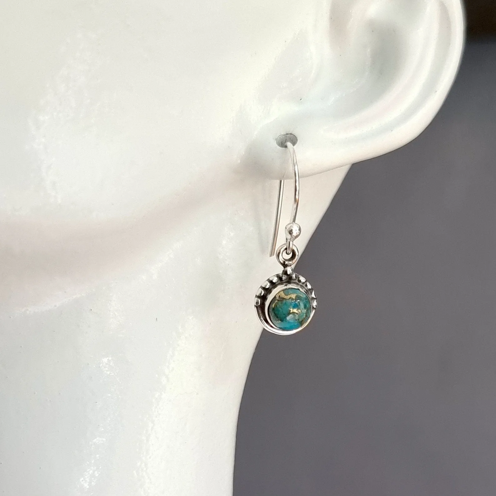 Dainty Boho Round 6mm Blue Copper Turquoise 925 Silver Earrings, E91BCT