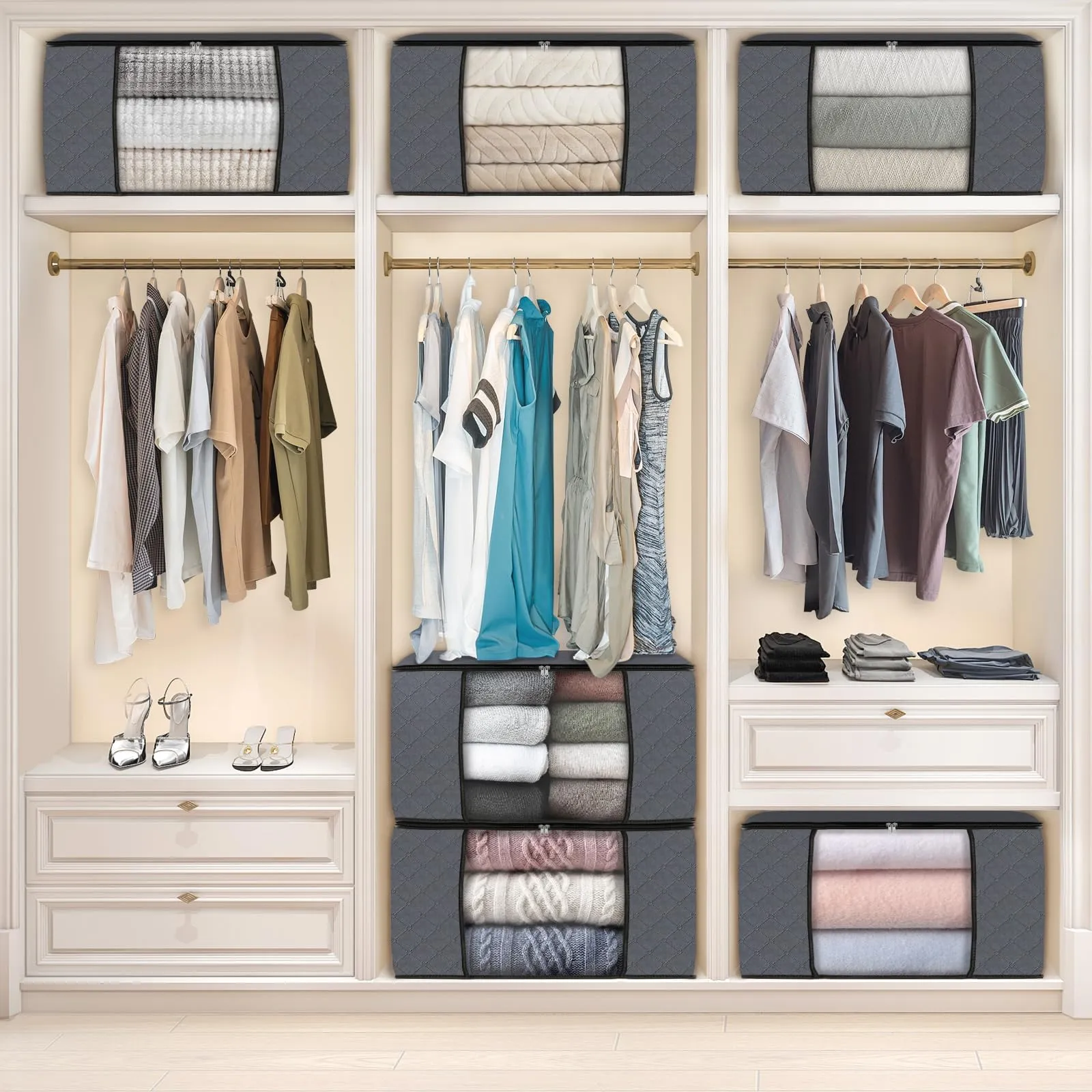 Fab totes 6 Pack Clothes Storage, Foldable Thick Fabric Blanket Storage Bags, Storage Containers for Organizing Bedroom, Closet, Clothing, Comforter, Grey