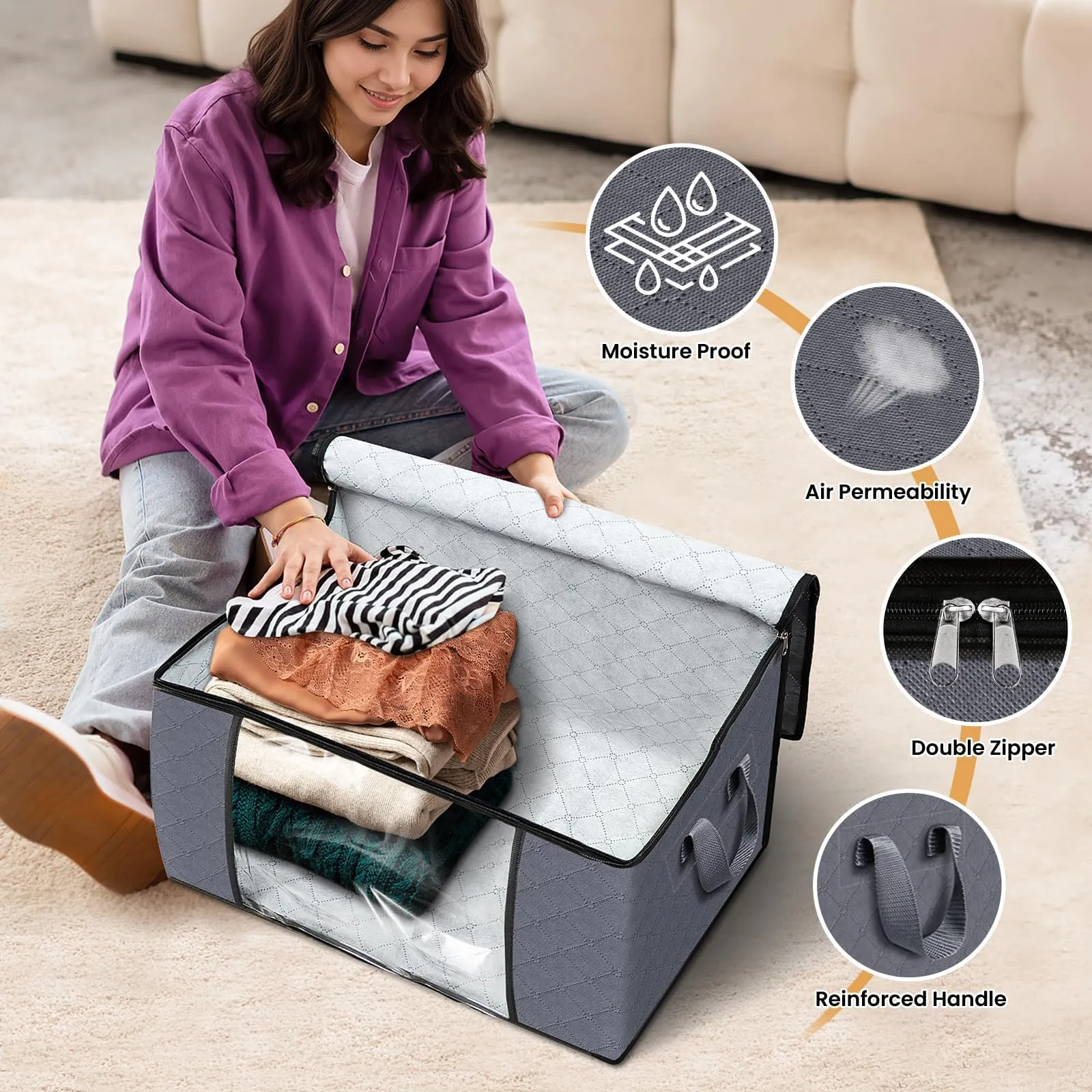Fab totes 6 Pack Clothes Storage, Foldable Thick Fabric Blanket Storage Bags, Storage Containers for Organizing Bedroom, Closet, Clothing, Comforter, Grey