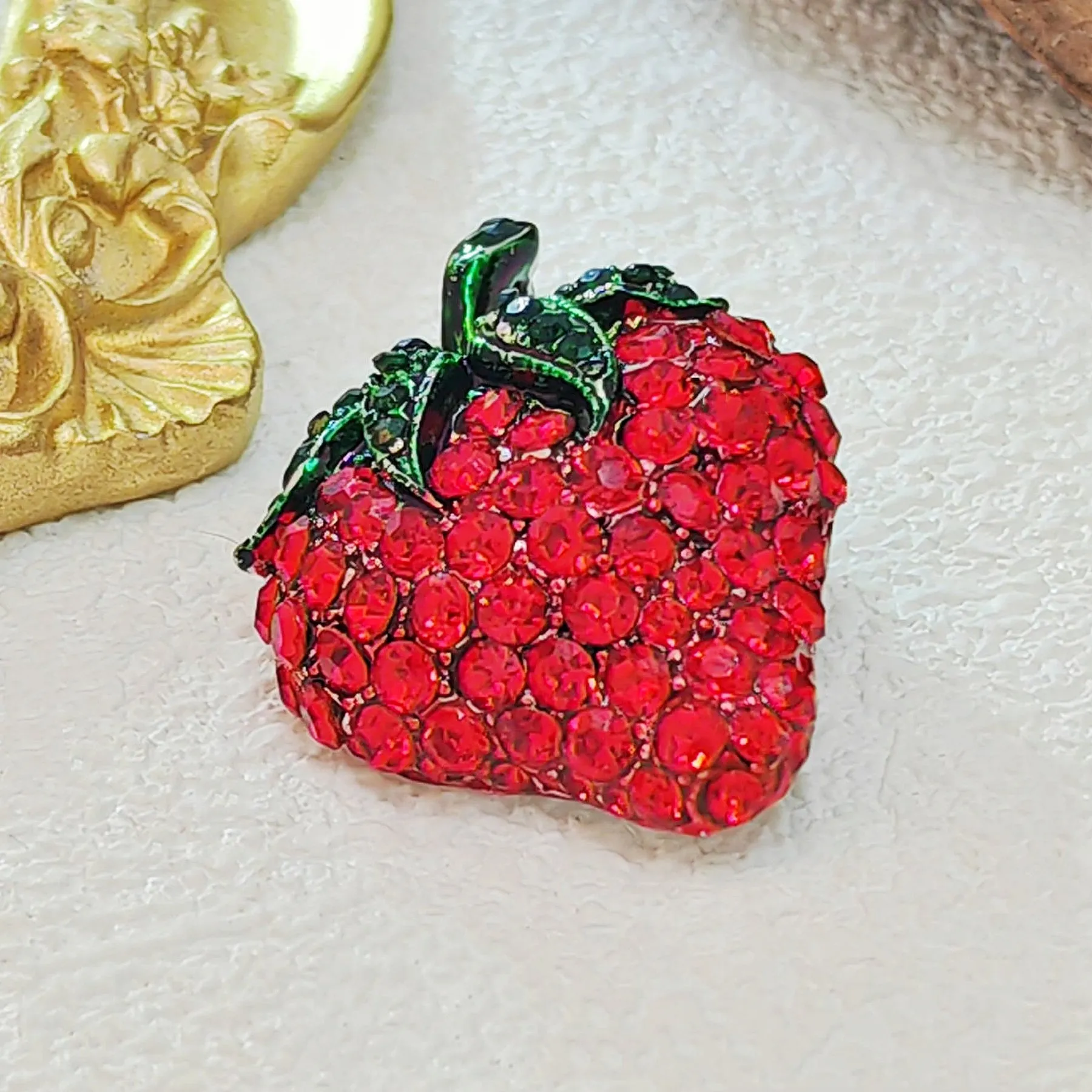 Fabulous Petite Red Rhinestone Strawberry Brooch Pin Vintage Fruit Costume Jewelry