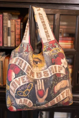Market of Stars - Friendship Love & Truth Vintage Heart Print Linen Tote Bag