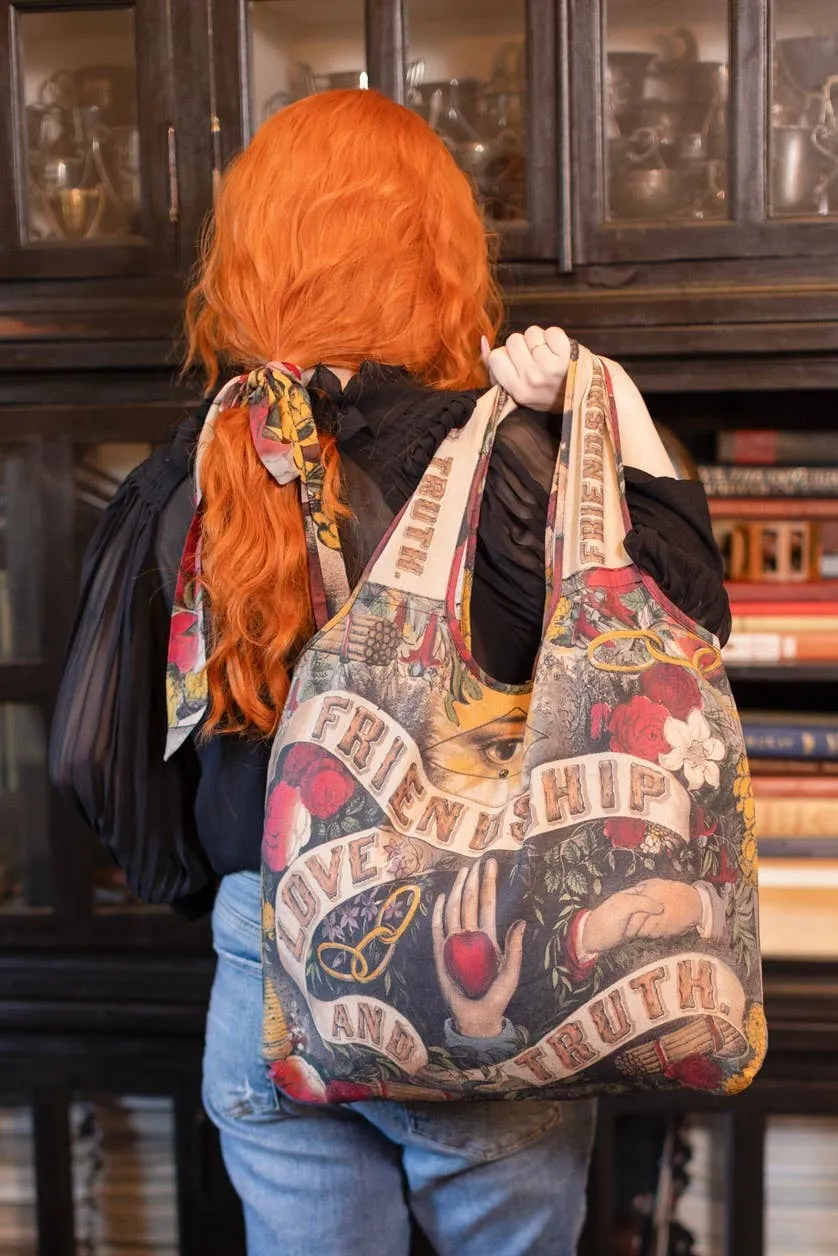 Market of Stars - Friendship Love & Truth Vintage Heart Print Linen Tote Bag