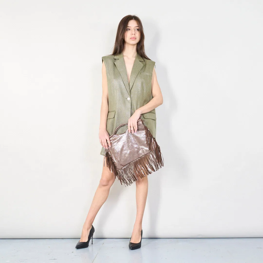 Metallic fringe handbag with cutout handle wholesale