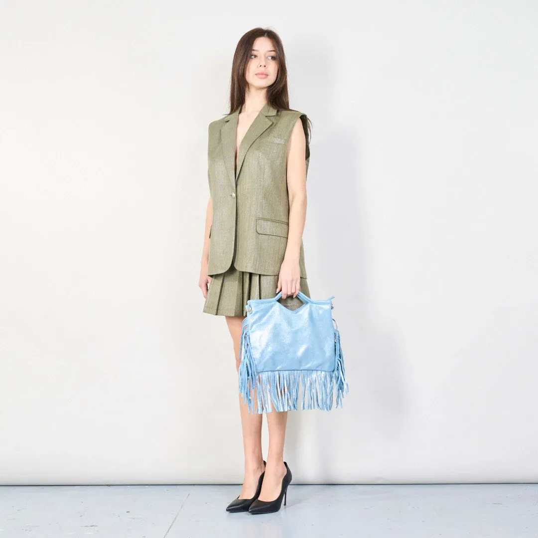 Metallic fringe handbag with cutout handle wholesale