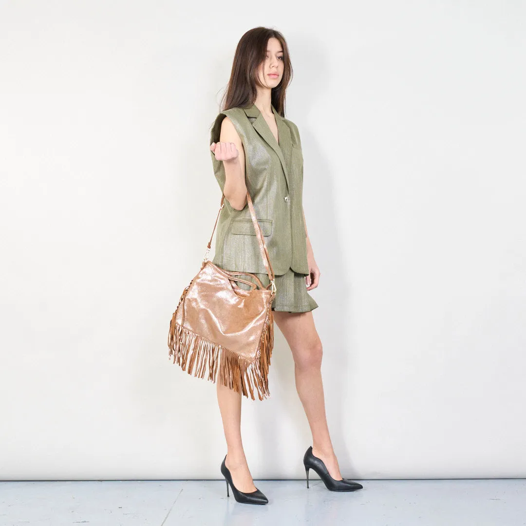 Metallic fringe handbag with cutout handle wholesale