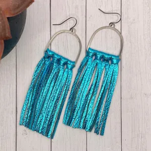 Metallic Teal Leather Fringe Arched Hoop Earrings