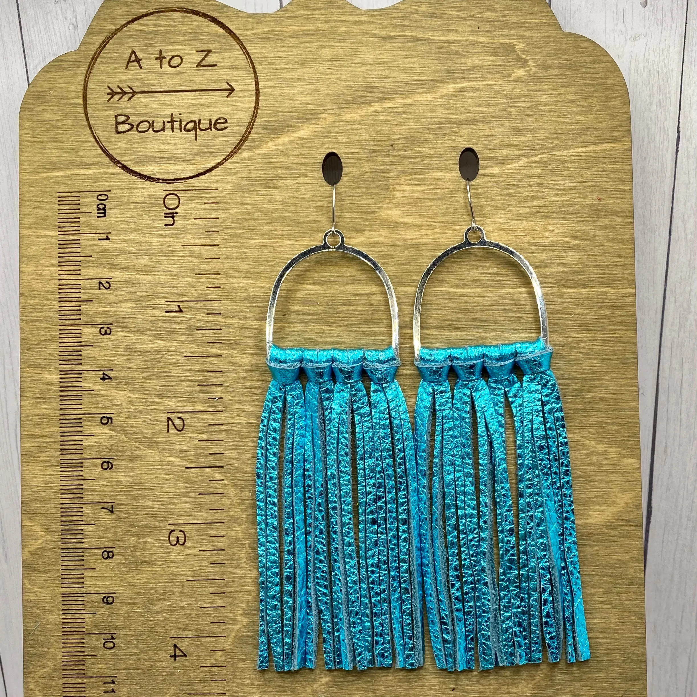 Metallic Teal Leather Fringe Arched Hoop Earrings