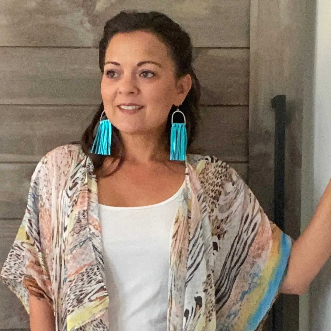 Metallic Teal Leather Fringe Arched Hoop Earrings