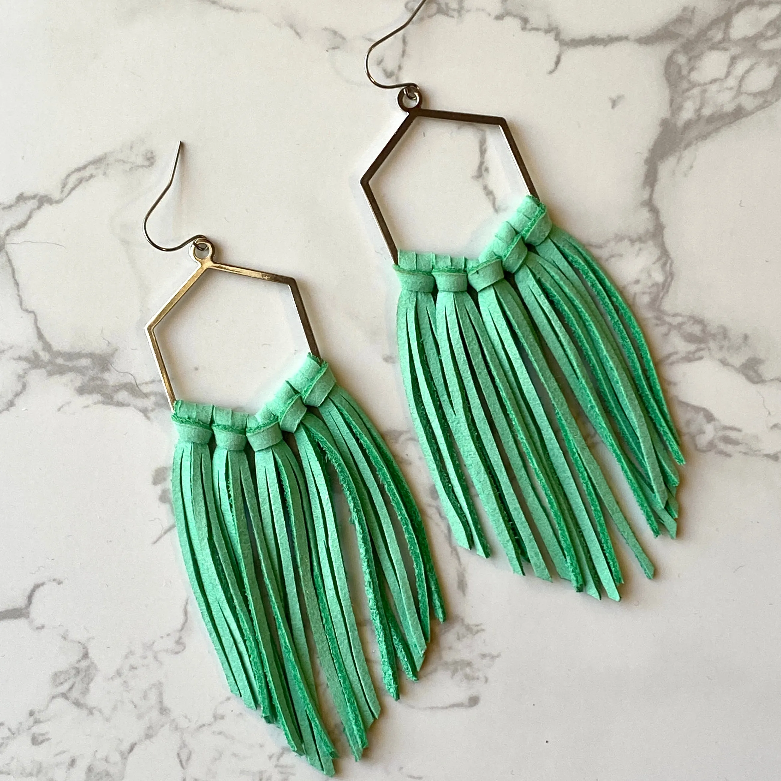 Mint Leather Fringe Hoop Earrings