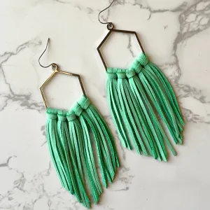 Mint Leather Fringe Hoop Earrings