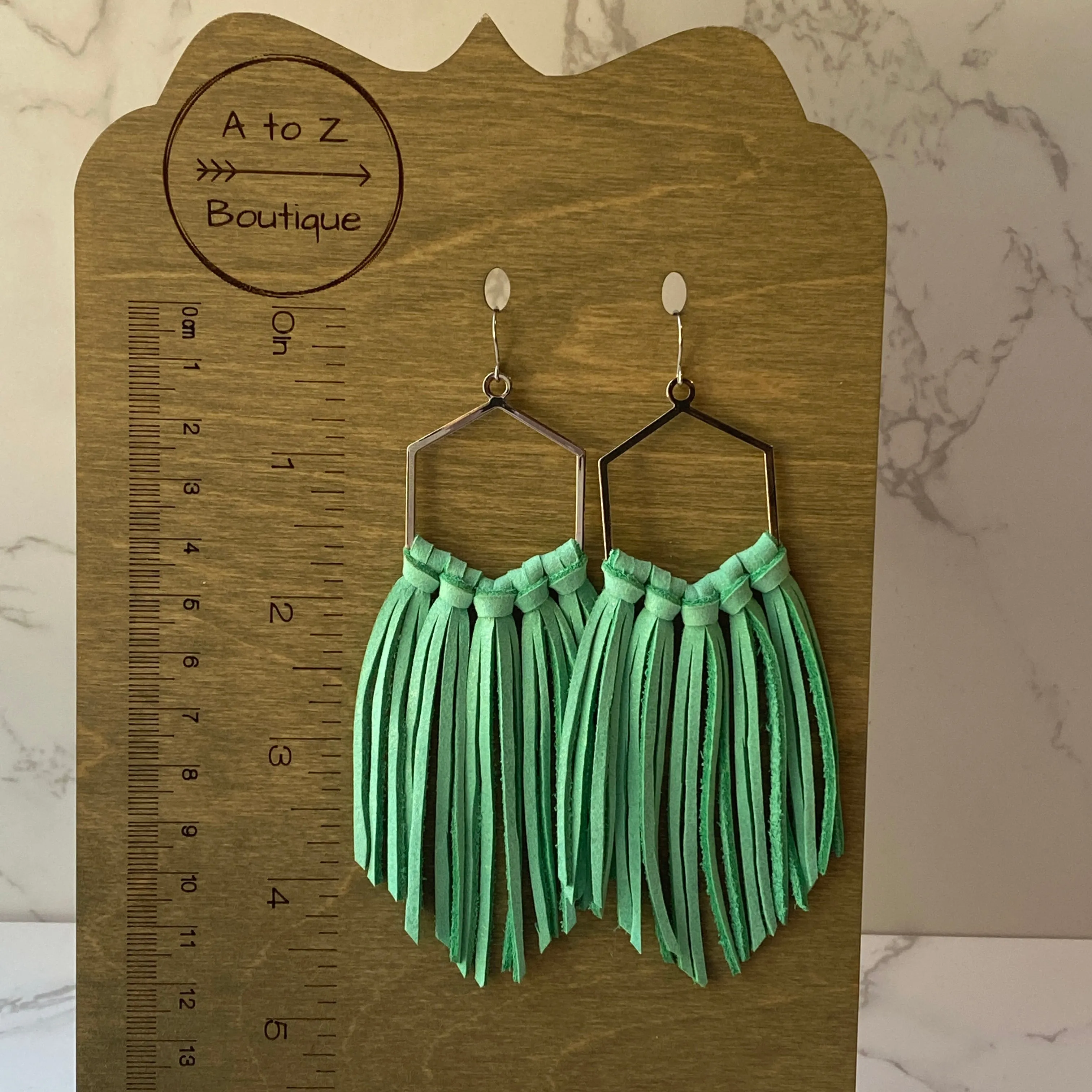 Mint Leather Fringe Hoop Earrings