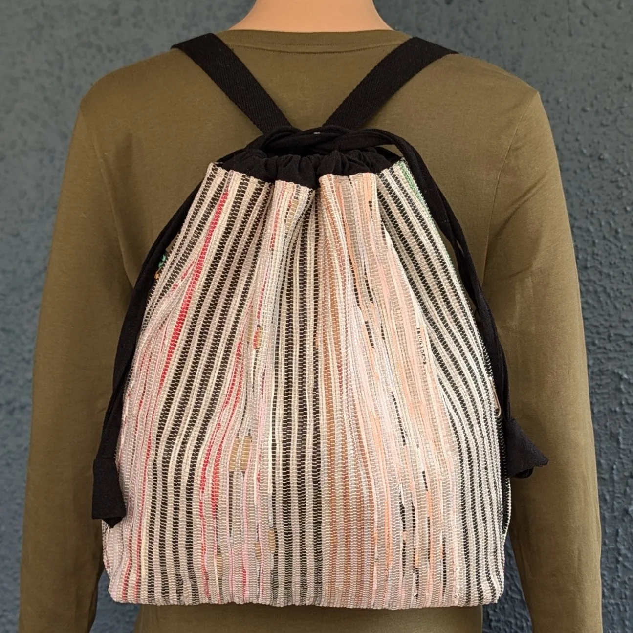 Non-Shimmery Red Black Striped Upcycled Handwoven Light Backpack (NLBP1124-010) PS_W