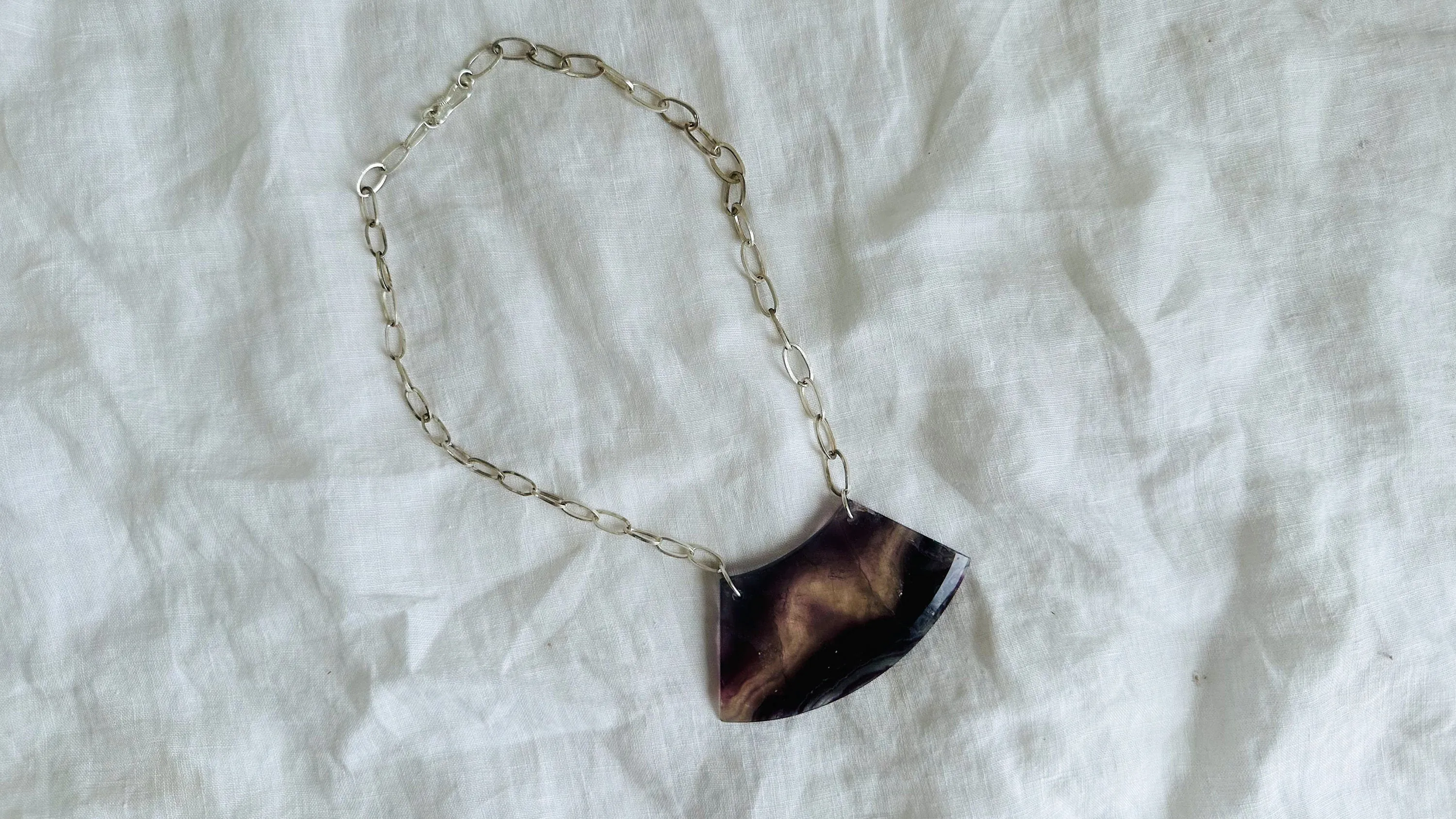 Rainbow Fluorite Adze Pendant Necklace. Sterling Silver Chain. 2476
