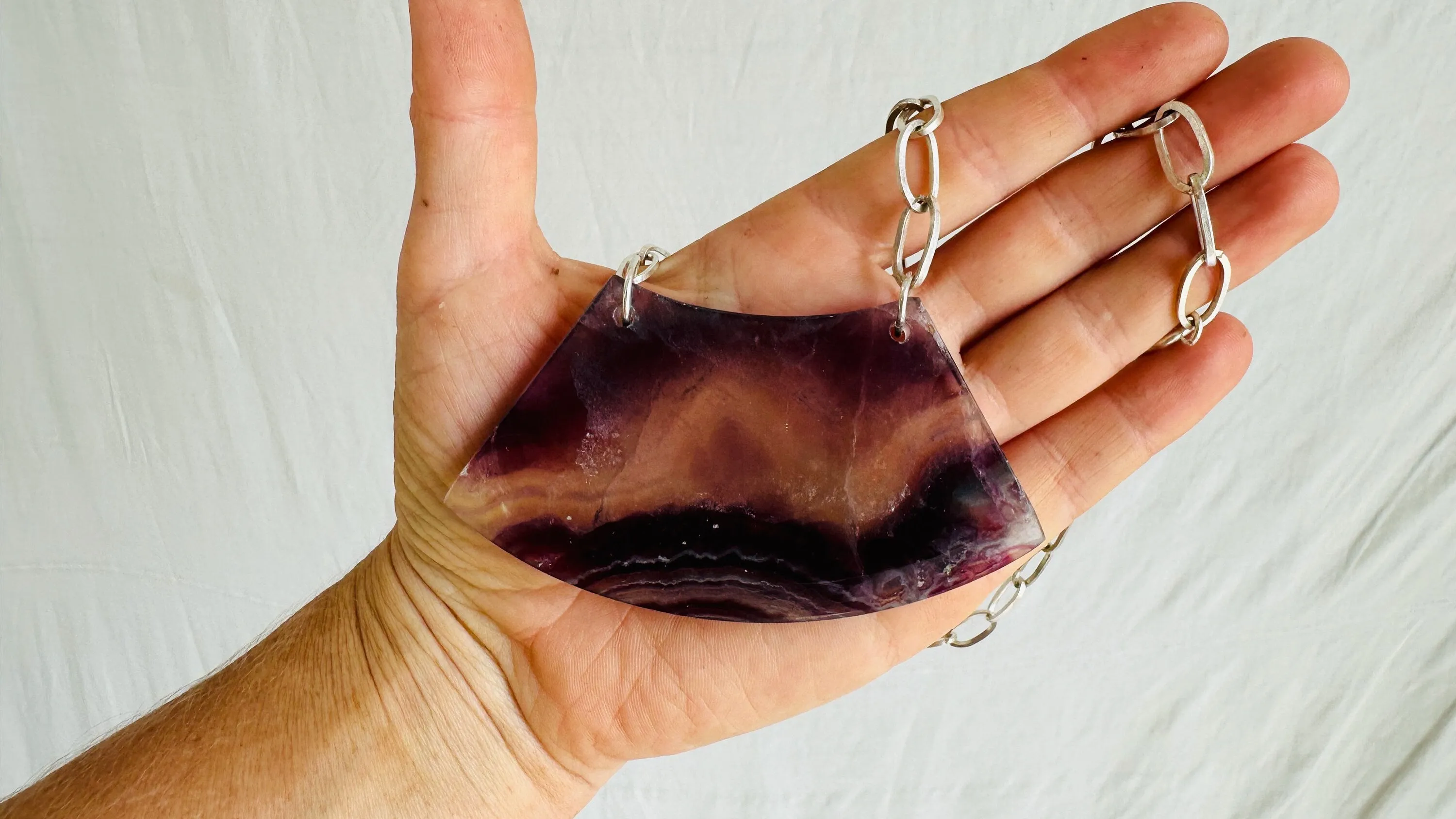 Rainbow Fluorite Adze Pendant Necklace. Sterling Silver Chain. 2476