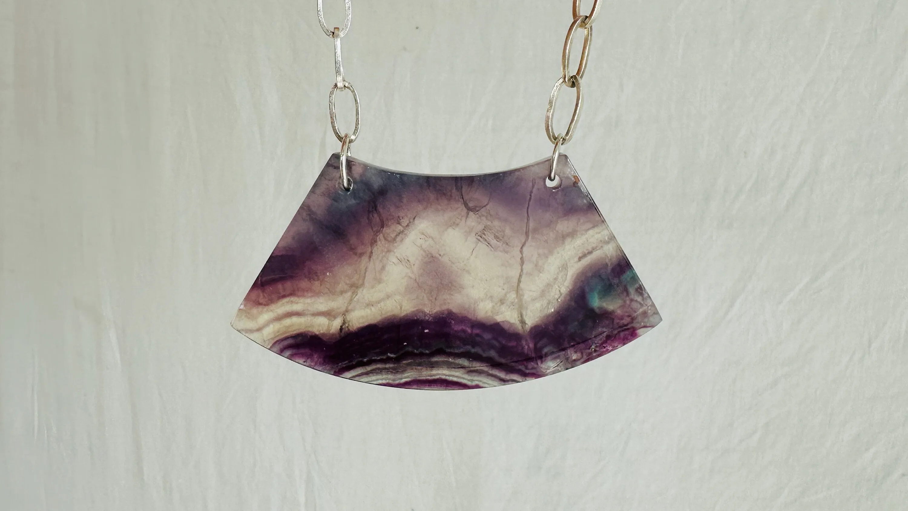Rainbow Fluorite Adze Pendant Necklace. Sterling Silver Chain. 2476