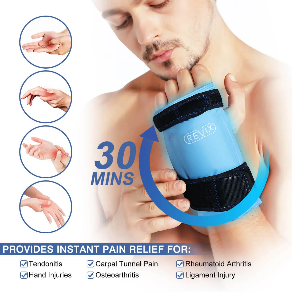 REVIX Wrist Ice Pack Wrap for Carpal Tunnel Relief, Reusable Gel Ice Packs for Hand Injuries
