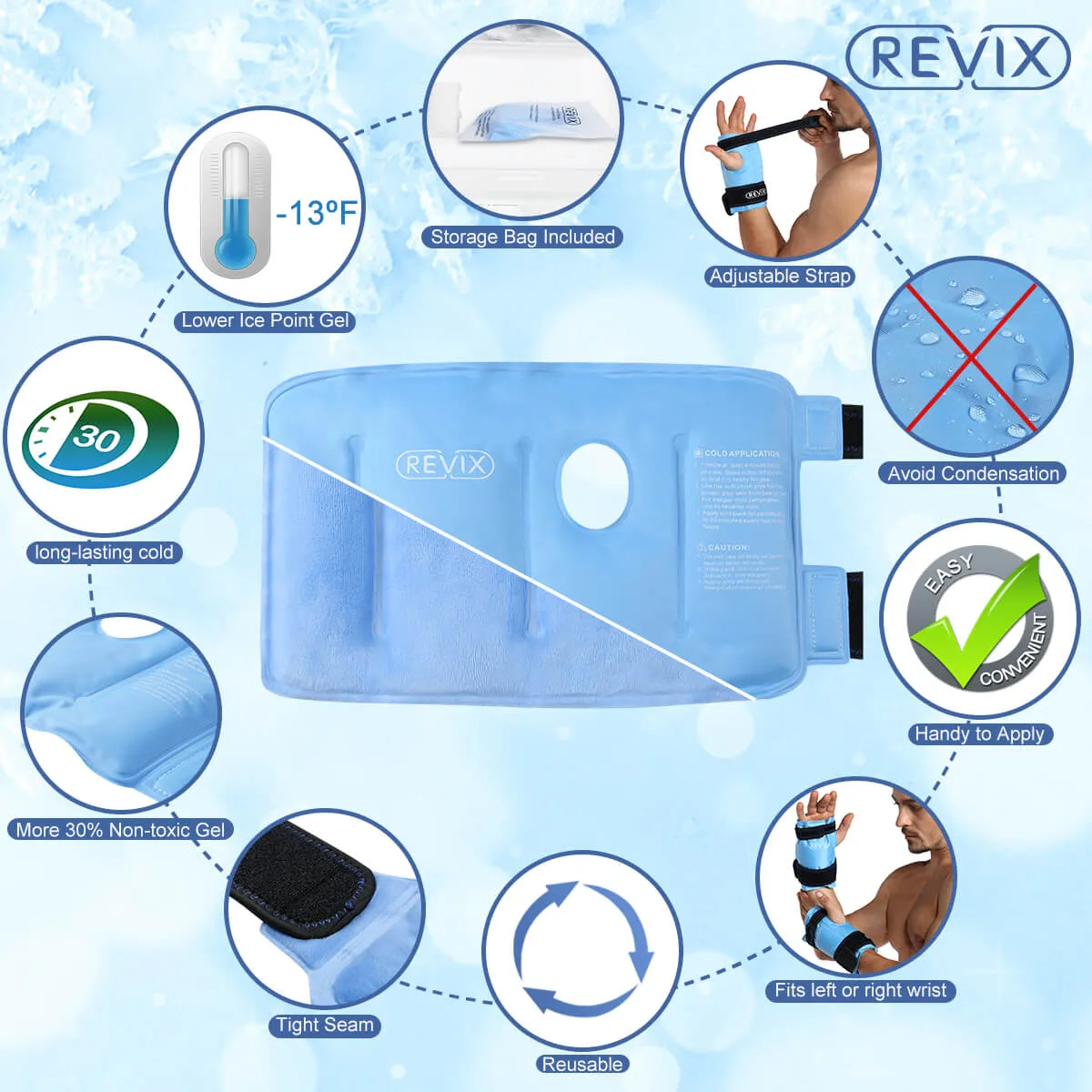 REVIX Wrist Ice Pack Wrap for Carpal Tunnel Relief, Reusable Gel Ice Packs for Hand Injuries