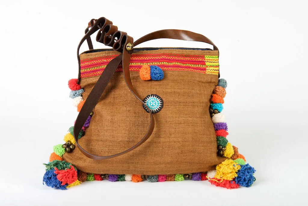 Roman Holiday - Vintage Boho Shoulder Bag in Caramel Hemp   Vintage Hmong Tribal Fabric