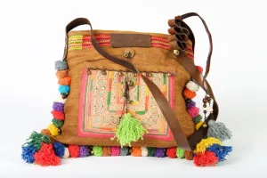 Roman Holiday - Vintage Boho Shoulder Bag in Caramel Hemp   Vintage Hmong Tribal Fabric