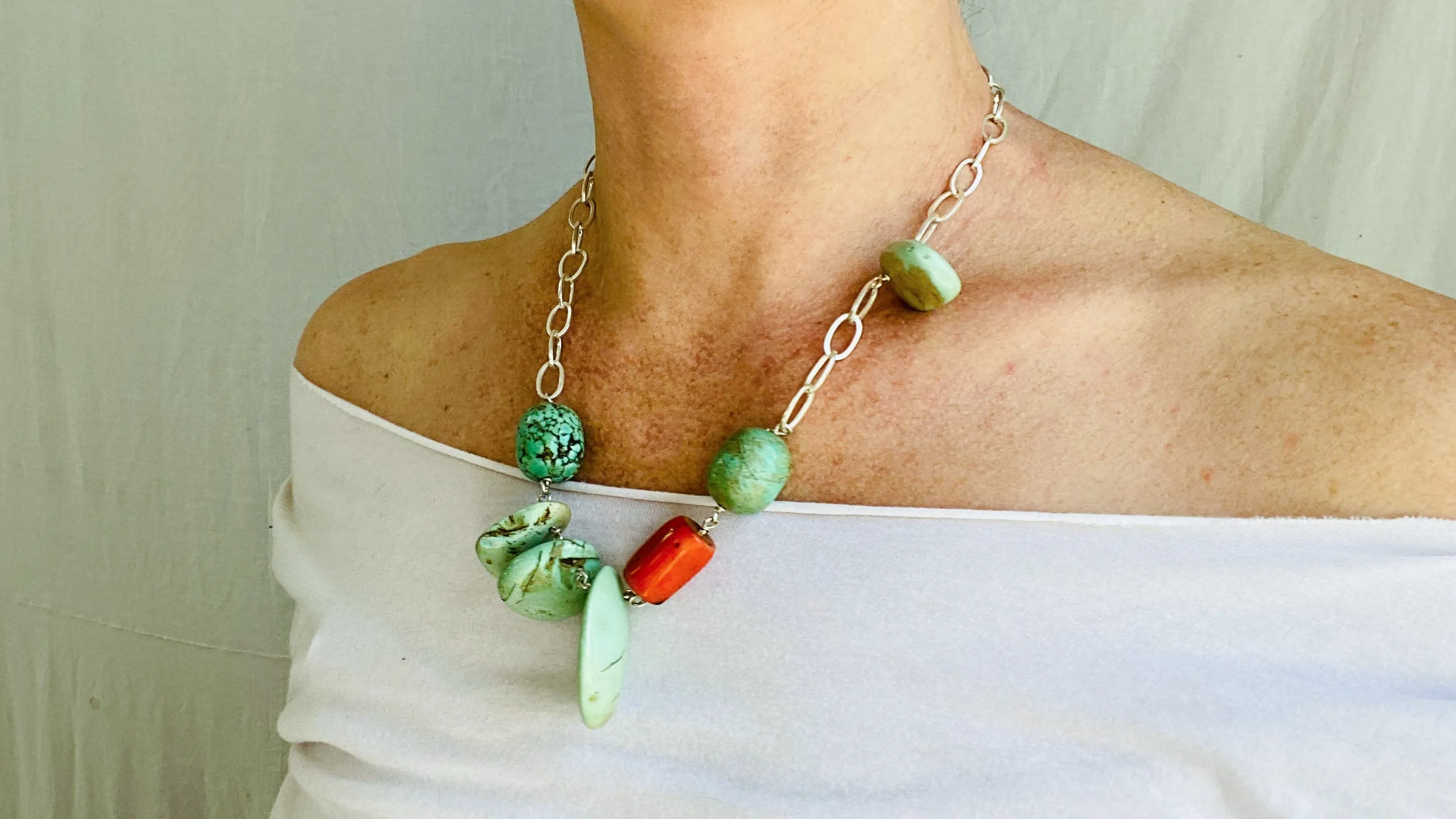 Turquoise, Coral and Silver Chain Necklace.