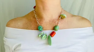 Turquoise, Coral and Silver Chain Necklace.