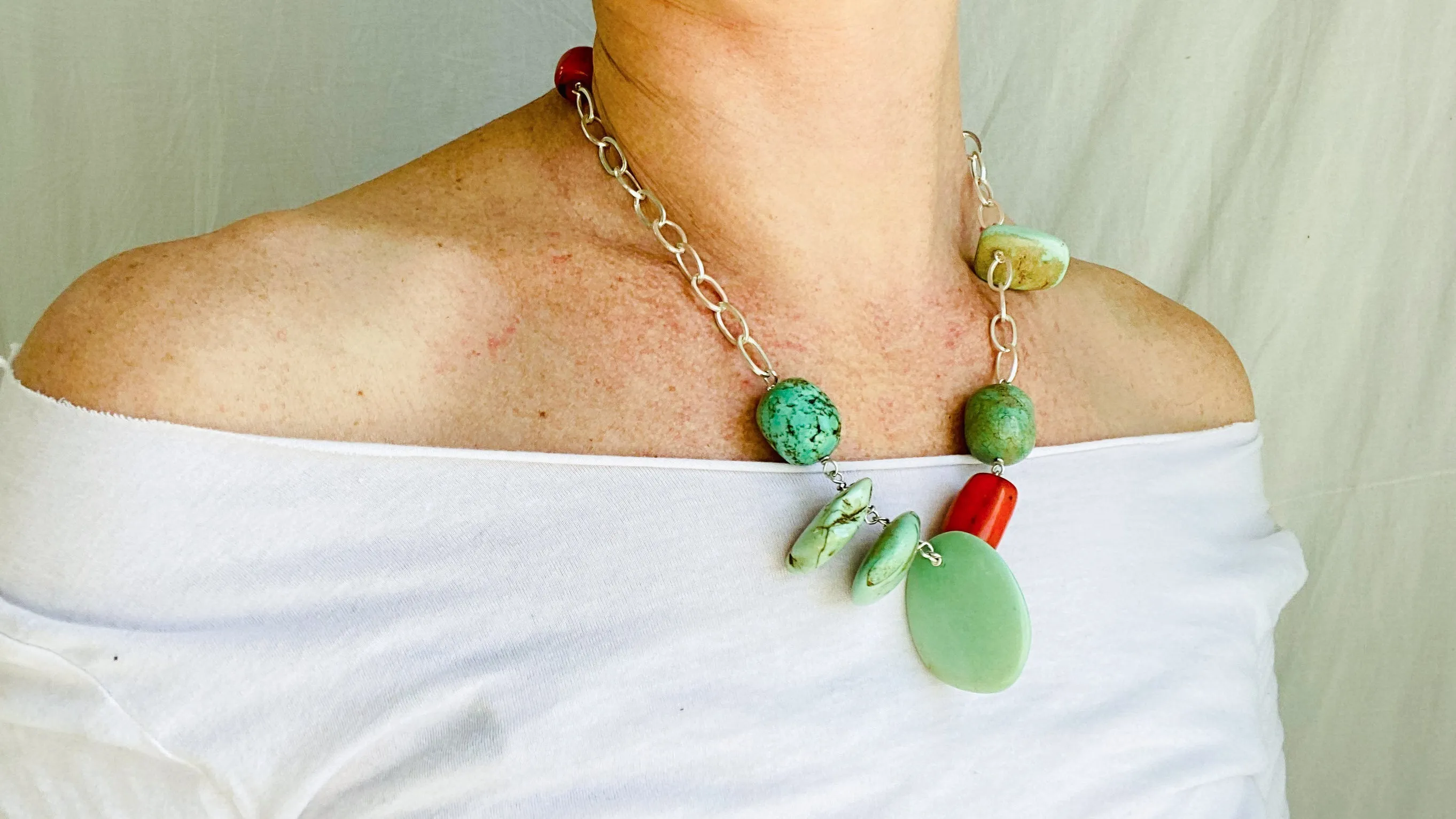 Turquoise, Coral and Silver Chain Necklace.