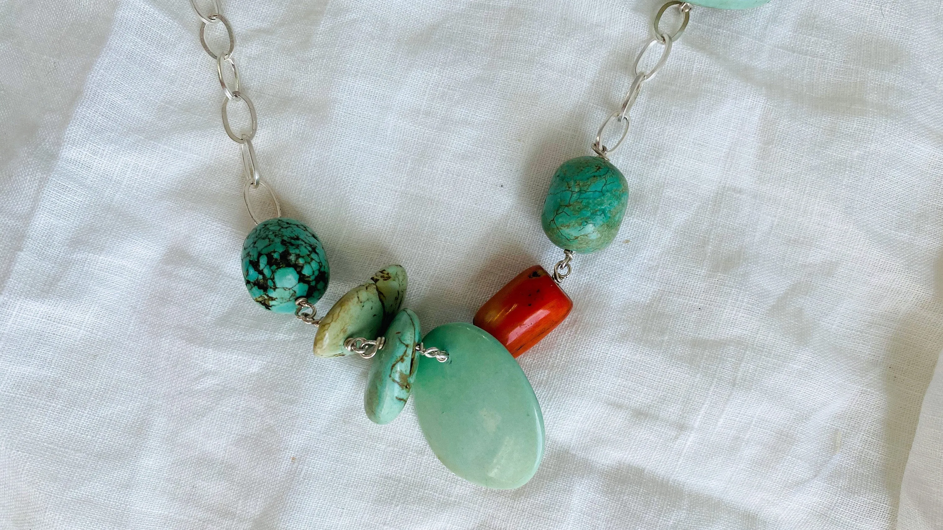 Turquoise, Coral and Silver Chain Necklace.
