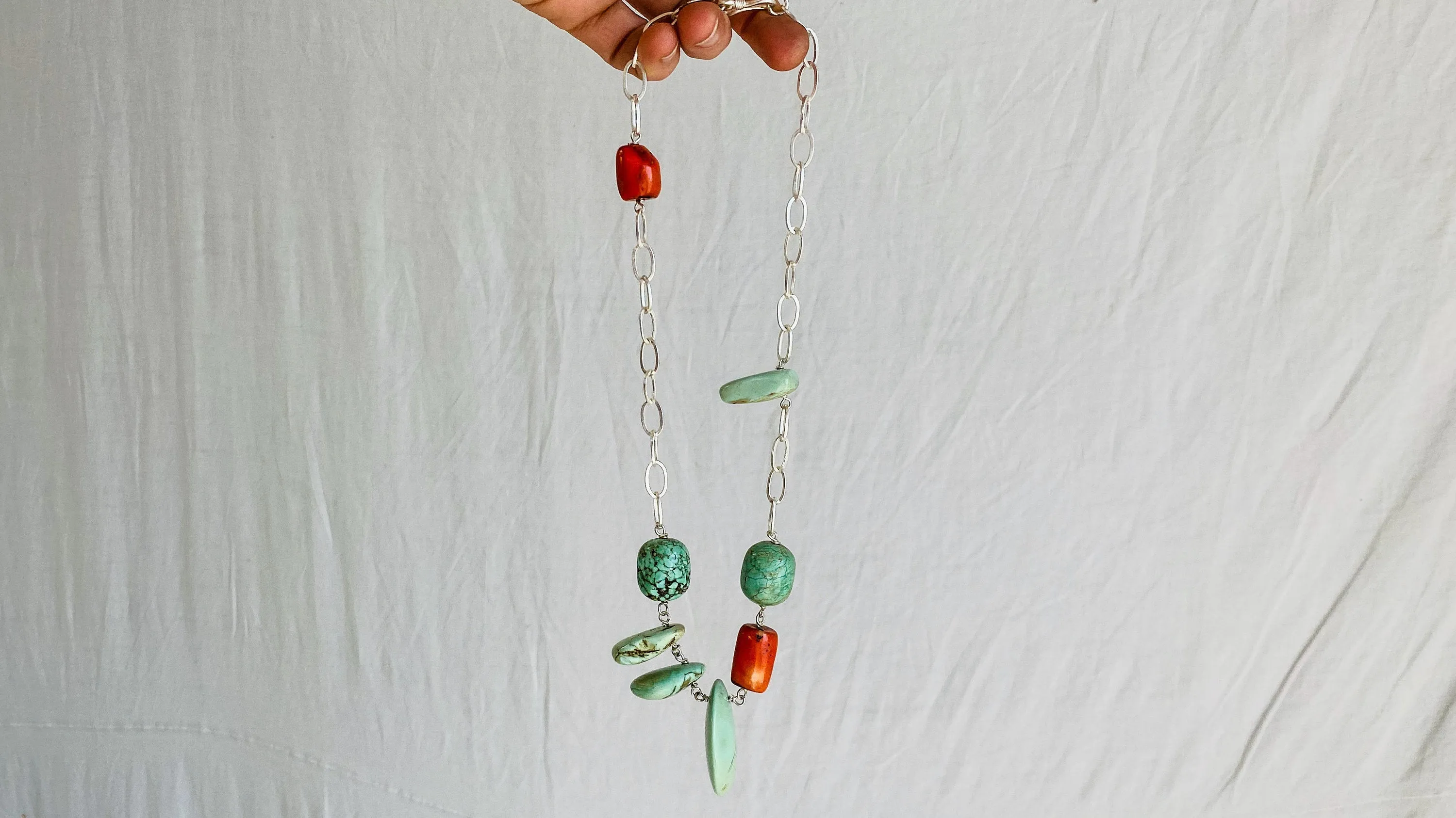 Turquoise, Coral and Silver Chain Necklace.