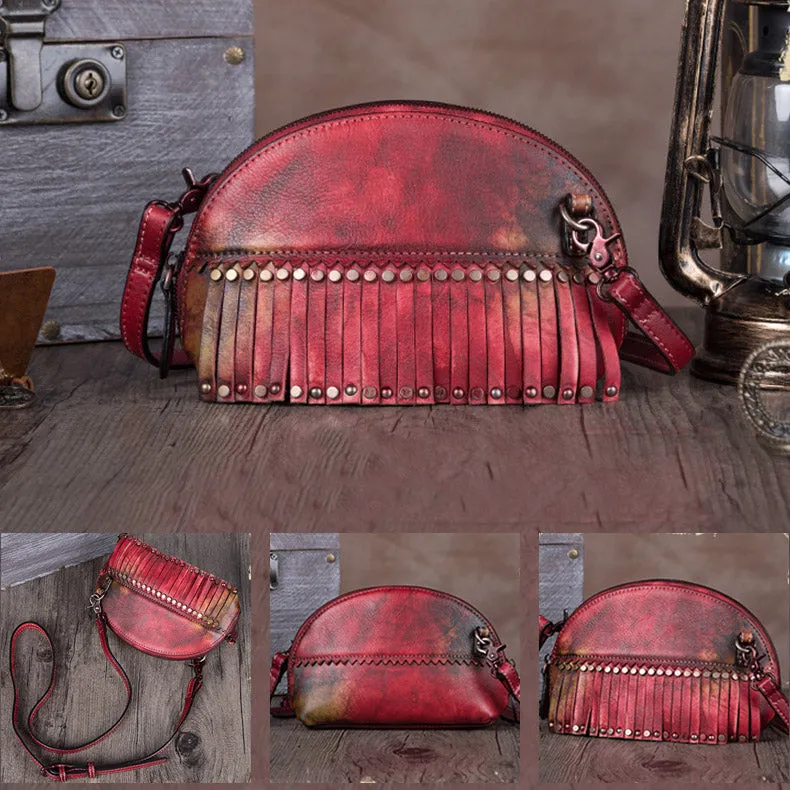 Vintage Boho Leather Fringe Purses Small Crossbody Bag Shoulder Bag for Women