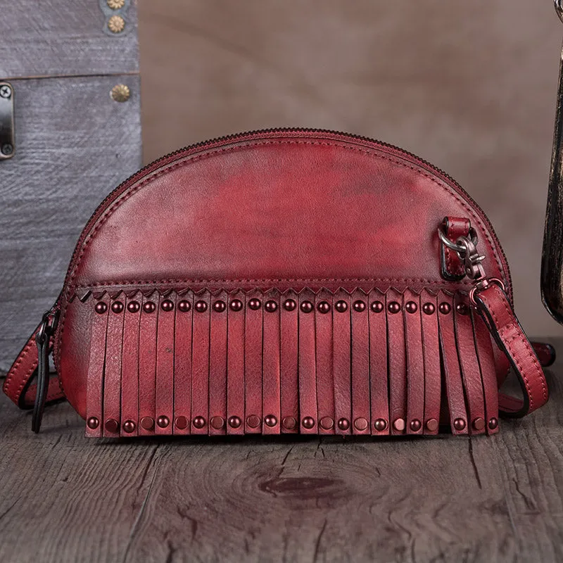 Vintage Boho Leather Fringe Purses Small Crossbody Bag Shoulder Bag for Women