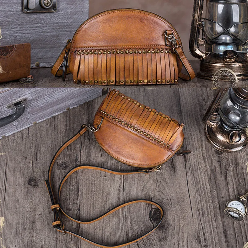 Vintage Boho Leather Fringe Purses Small Crossbody Bag Shoulder Bag for Women