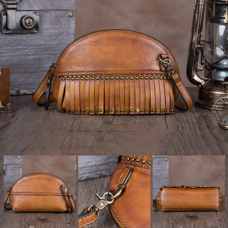 Vintage Boho Leather Fringe Purses Small Crossbody Bag Shoulder Bag for Women