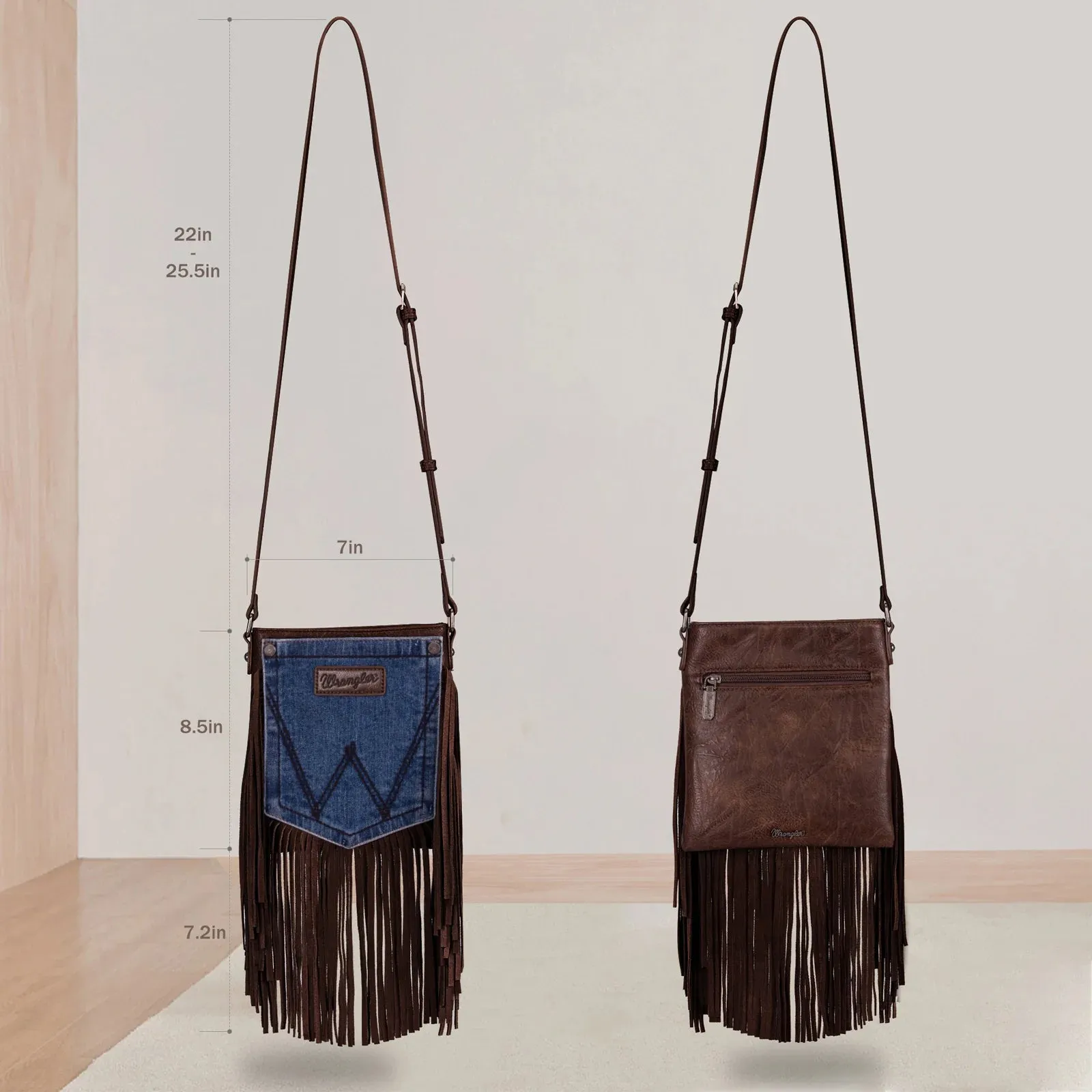 WG44-8360 Wrangler Leather Fringe Jean Denim Pocket Crossbody - Coffee