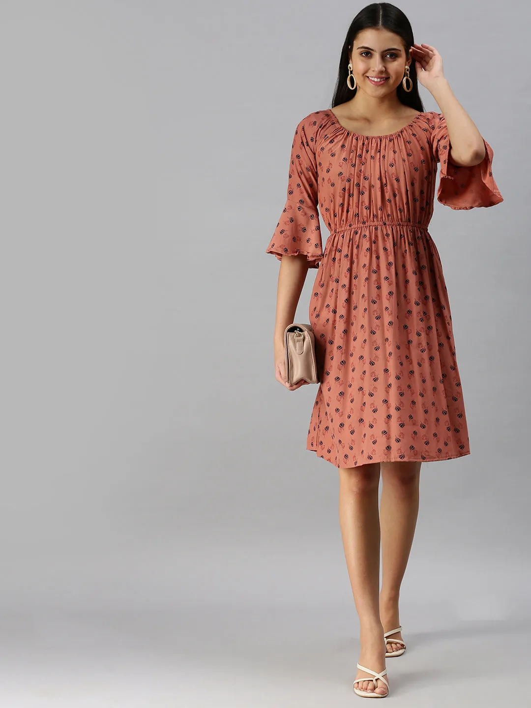 Women Brown Floral A-Line Dress