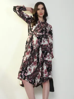 Women Floral Printed Black Flared Dress with Belt