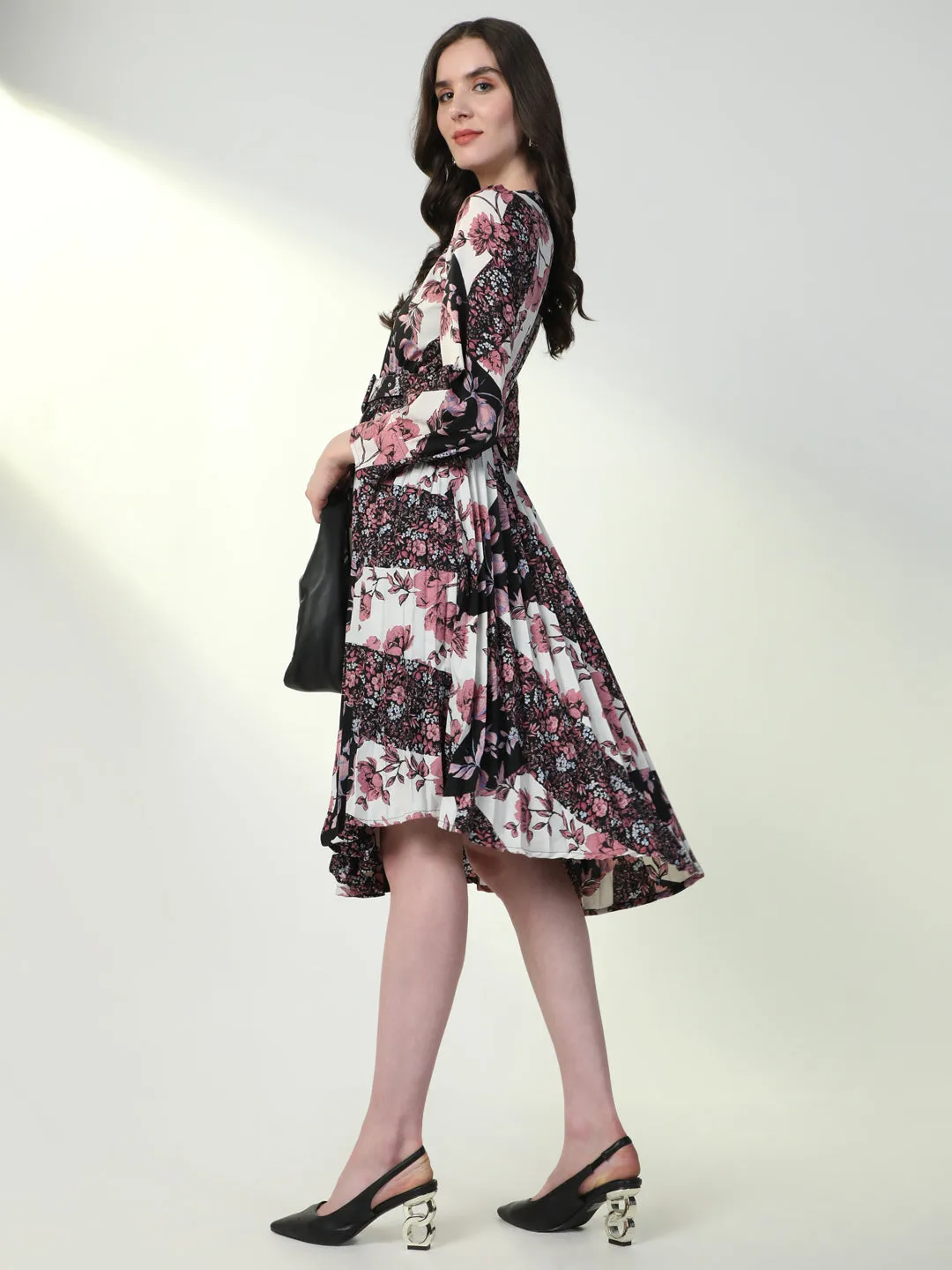 Women Floral Printed Black Flared Dress with Belt